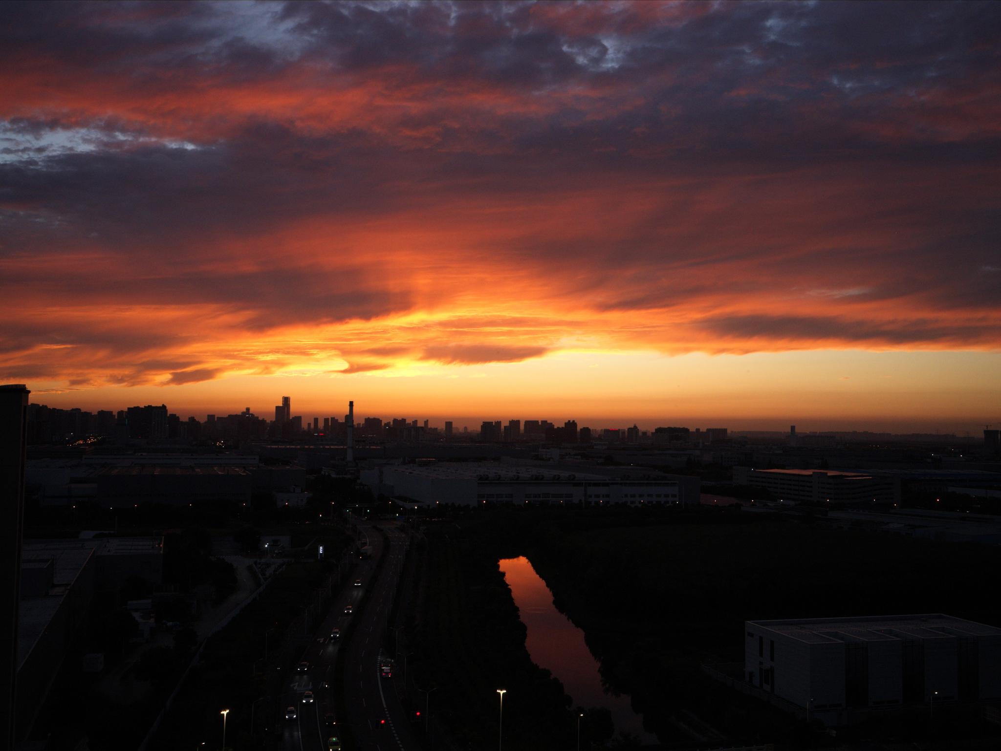 the sunset in the summer in Shanghai